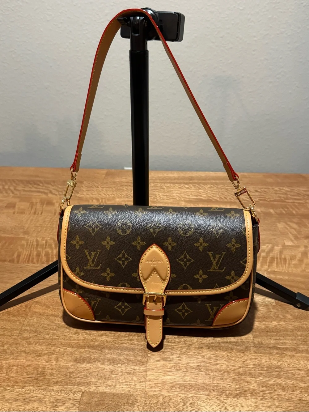 Monogram Leather Trim Crossbody Bag in Brown and Tan